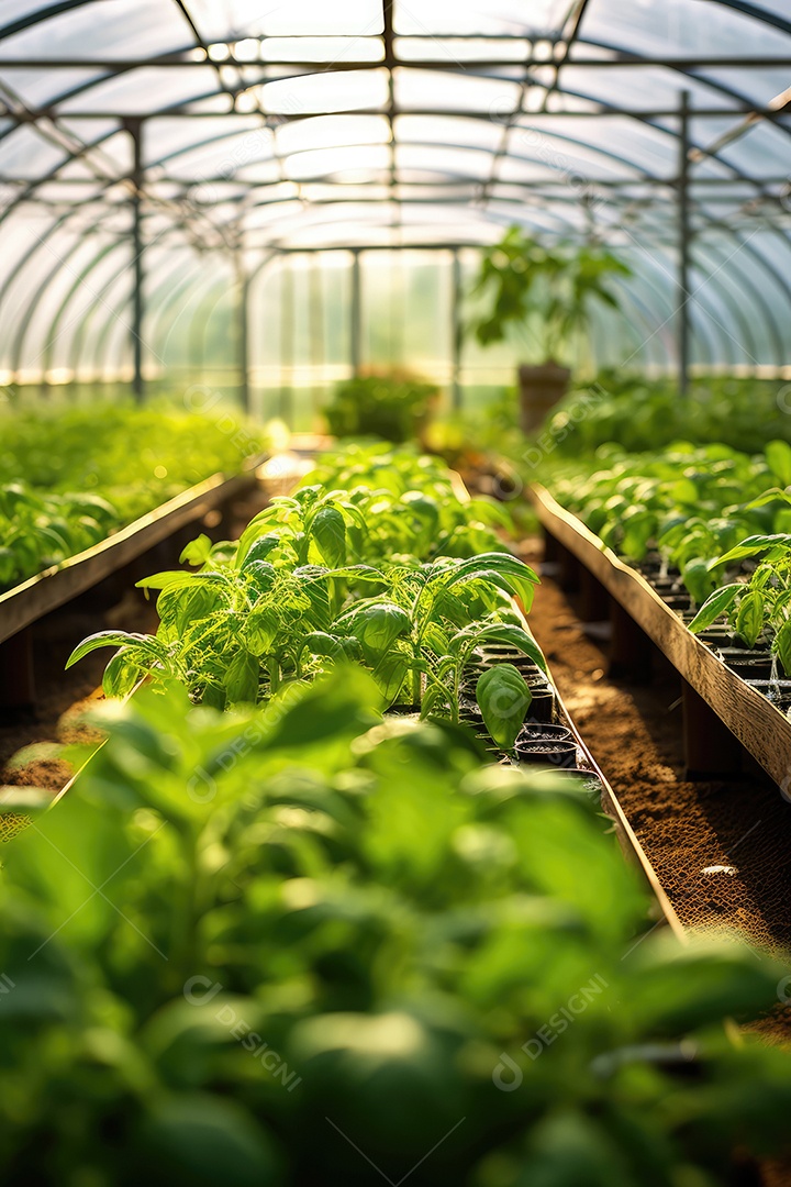 Exuberante estufa moderna e variedade de verduras, hortaliças que crescem exuberantes em ambiente protegido.