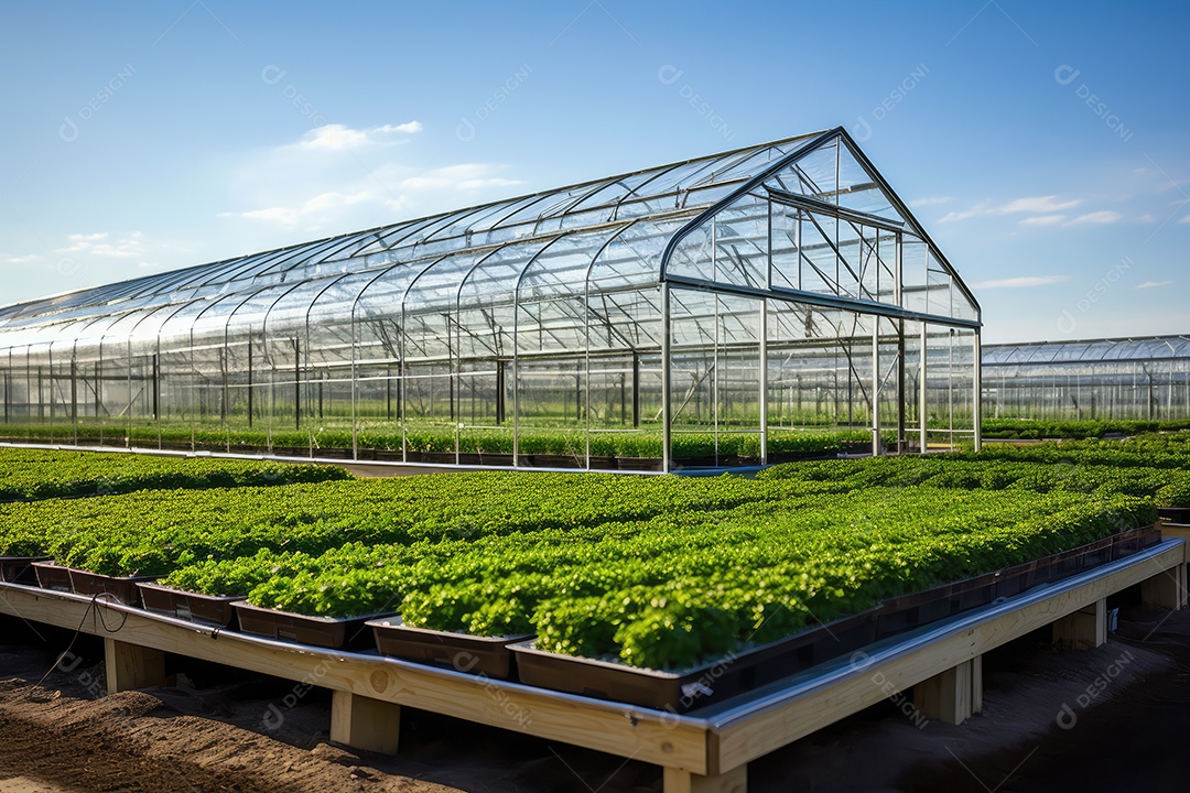 Exuberante estufa moderna e variedade de verduras, hortaliças que crescem exuberantes em ambiente protegido.