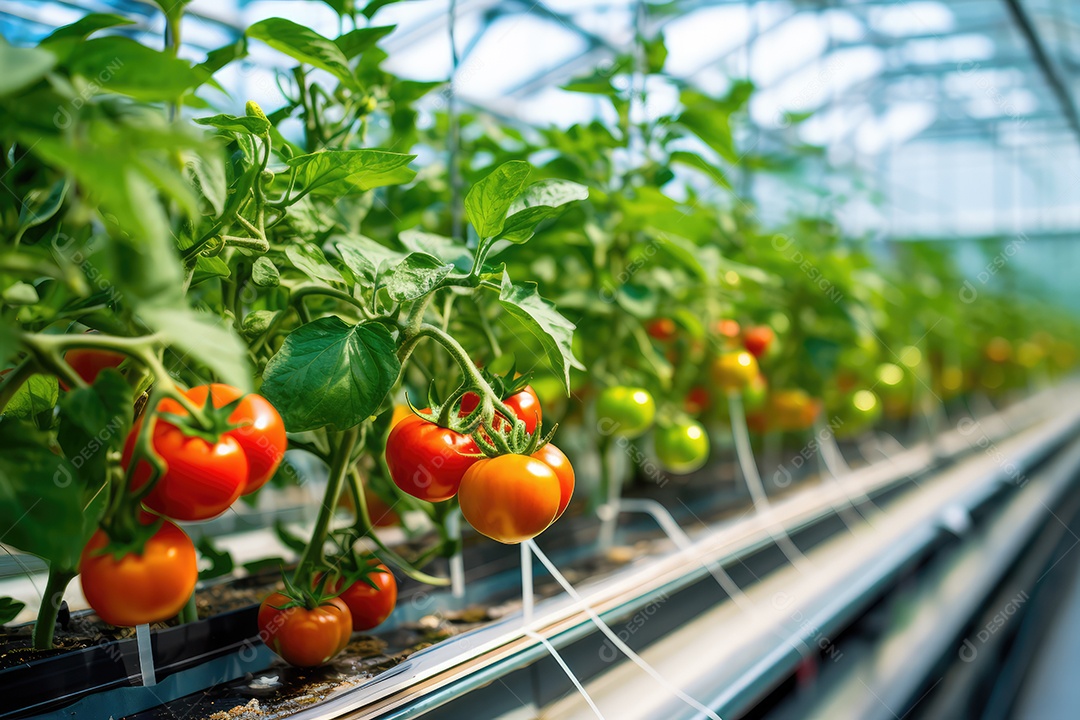 Exuberante estufa moderna e variedade de verduras, hortaliças que crescem exuberantes em ambiente protegido.