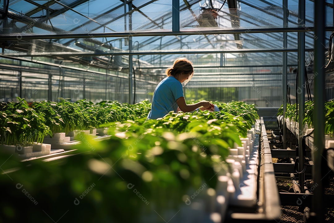 Exuberante estufa moderna e variedade de verduras, hortaliças que crescem exuberantes em ambiente protegido.