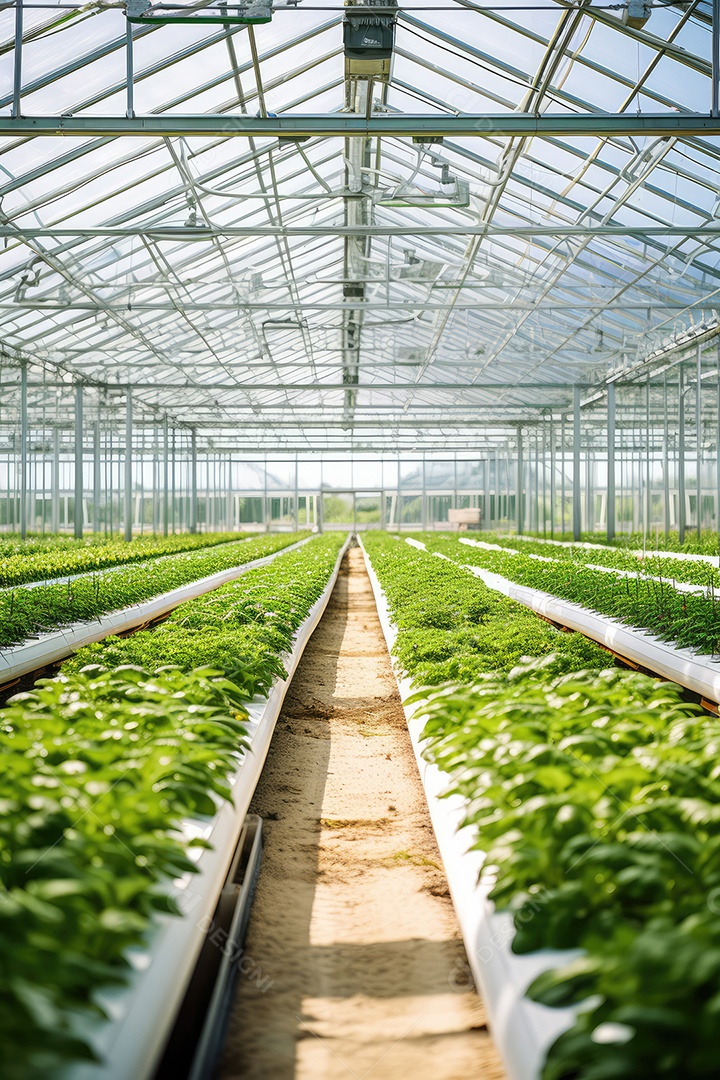 Exuberante estufa moderna e variedade de verduras, hortaliças que crescem exuberantes em ambiente protegido.