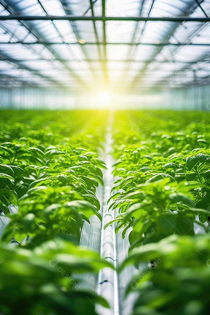Estufa com variedade de verduras e legumes que crescem exuberantes em ambiente protegido.