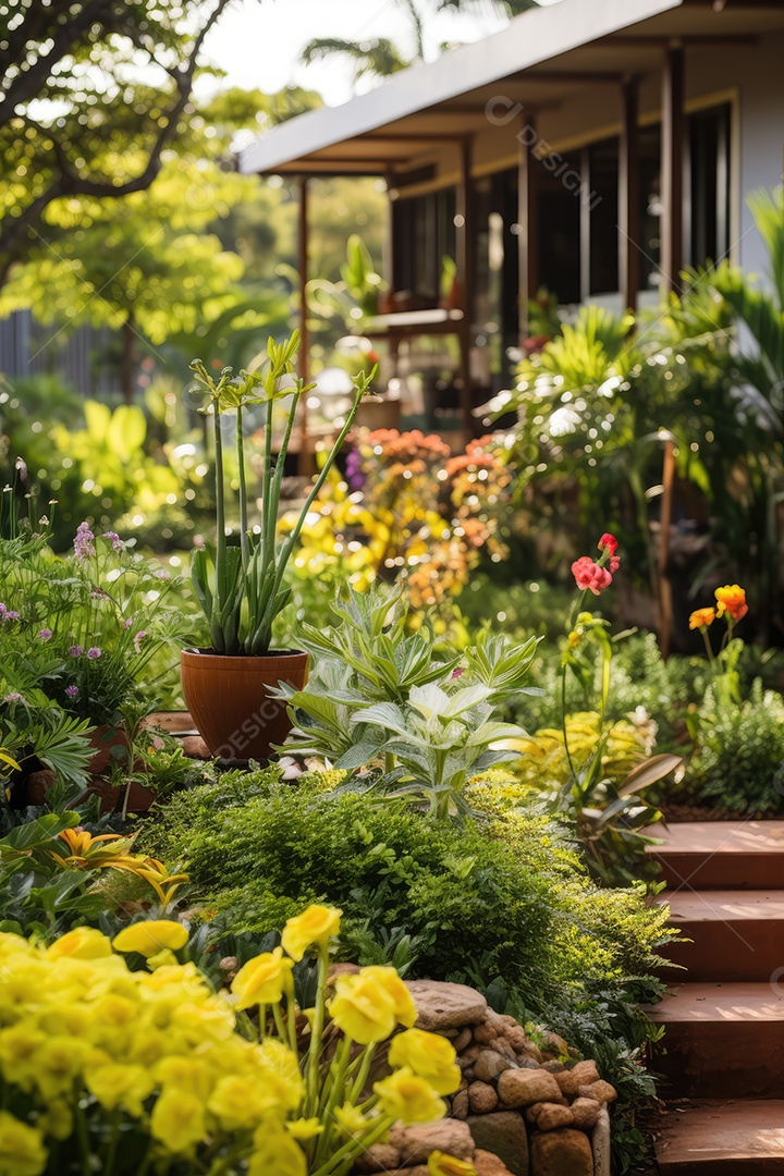 Estufa moderna com uma variedade de plantas, flores que crescem exuberantes em um ambiente protegido.