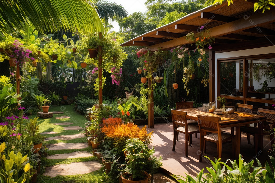 Estufa moderna com uma variedade de plantas, flores que crescem exuberantes em um ambiente protegido.