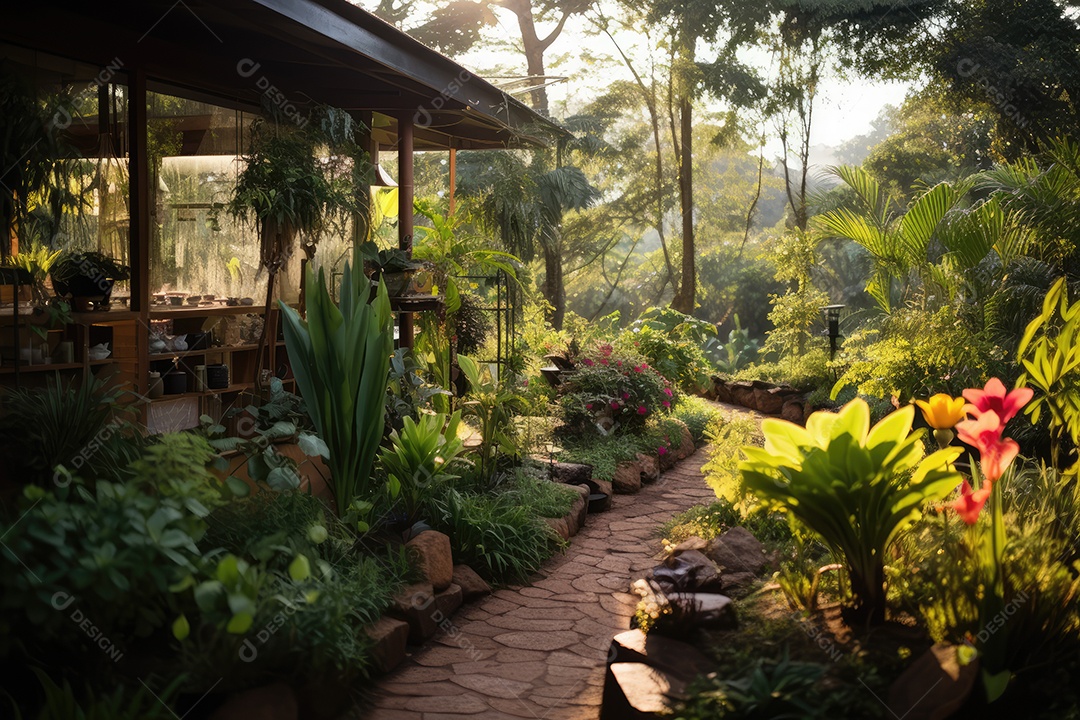 Estufa moderna com uma variedade de plantas, flores que crescem exuberantes em um ambiente protegido.