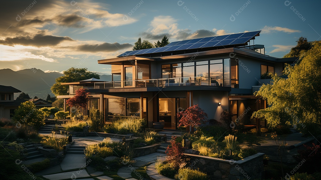 Casa com energia fotovoltaica. Energia renovável da luz solar. Conjunto de painéis fotovoltaicos.