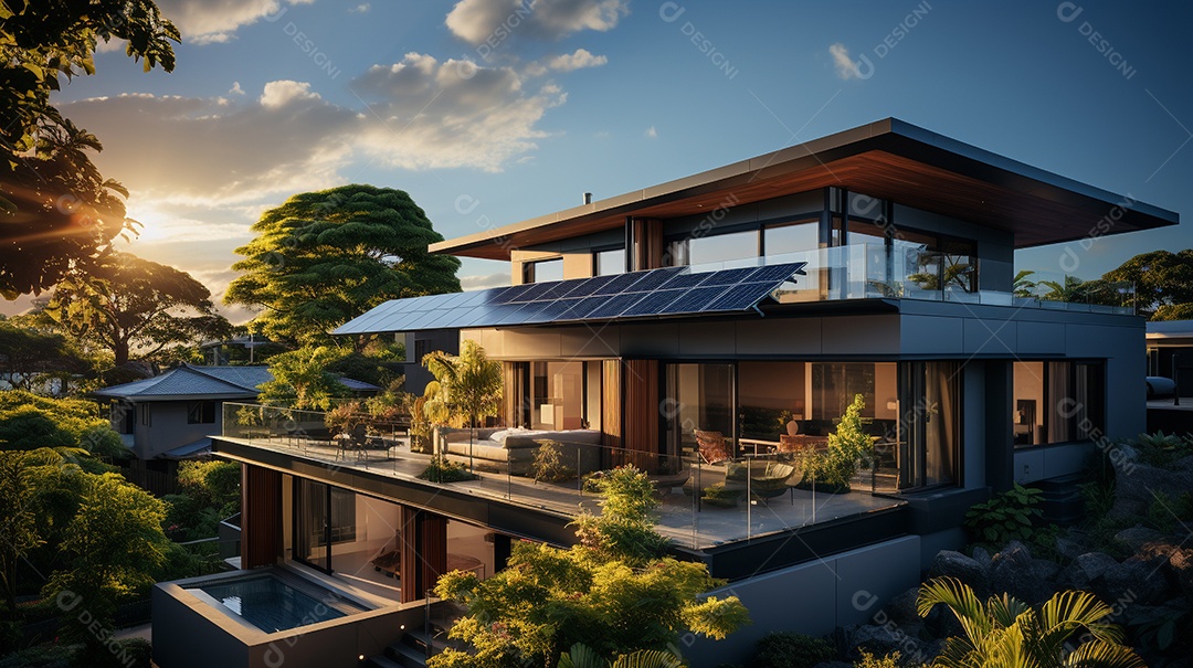 Casa com energia fotovoltaica. Energia renovável da luz solar. Conjunto de painéis fotovoltaicos.