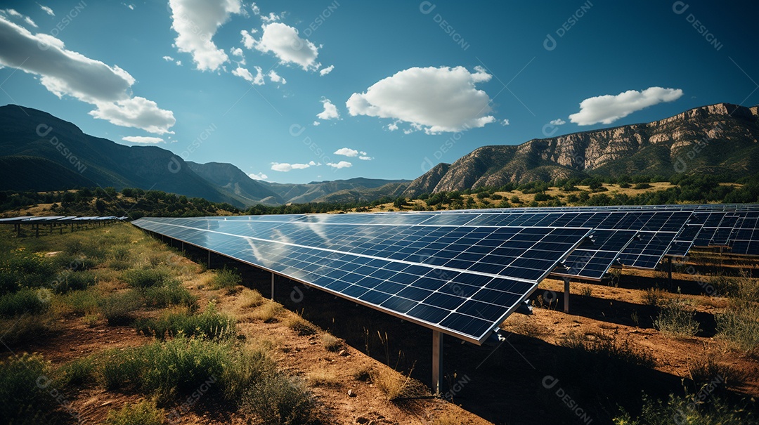 Fazenda fotovoltaica. Energia renovável da luz solar. Conjunto de painéis fotovoltaicos.