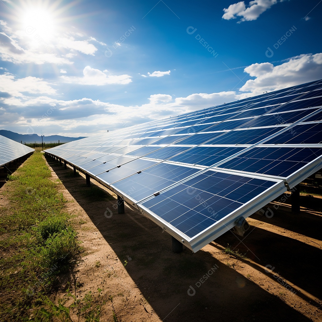 Fazenda fotovoltaica. Energia renovável da luz solar. Conjunto de painéis fotovoltaicos.