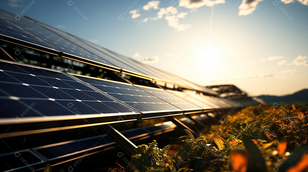 Fazenda fotovoltaica. Energia renovável da luz solar. Conjunto de painéis fotovoltaicos