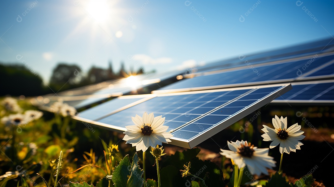 Fazenda fotovoltaica. Energia renovável da luz solar. Conjunto de painéis fotovoltaicos.