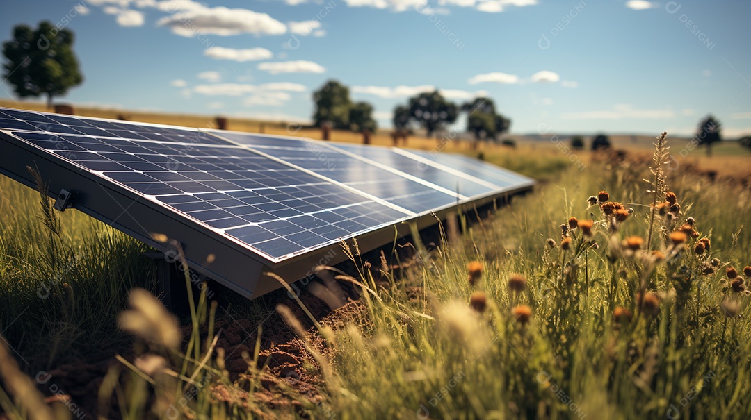 Fazenda fotovoltaica. Energia renovável da luz solar. Conjunto de painéis fotovoltaicos.