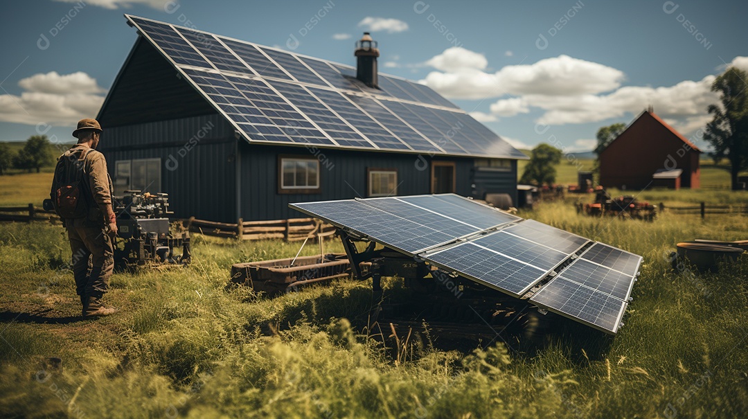 Fazenda fotovoltaica. Energia renovável da luz solar. Conjunto de painéis fotovoltaicos.