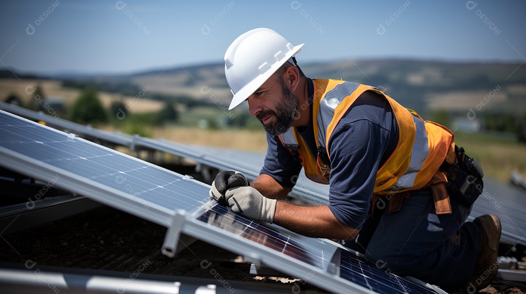 Trabalhador instalando painéis de energia fotovoltaica. Energia renovável da luz solar. Conjunto de painéis fotovoltaicos.