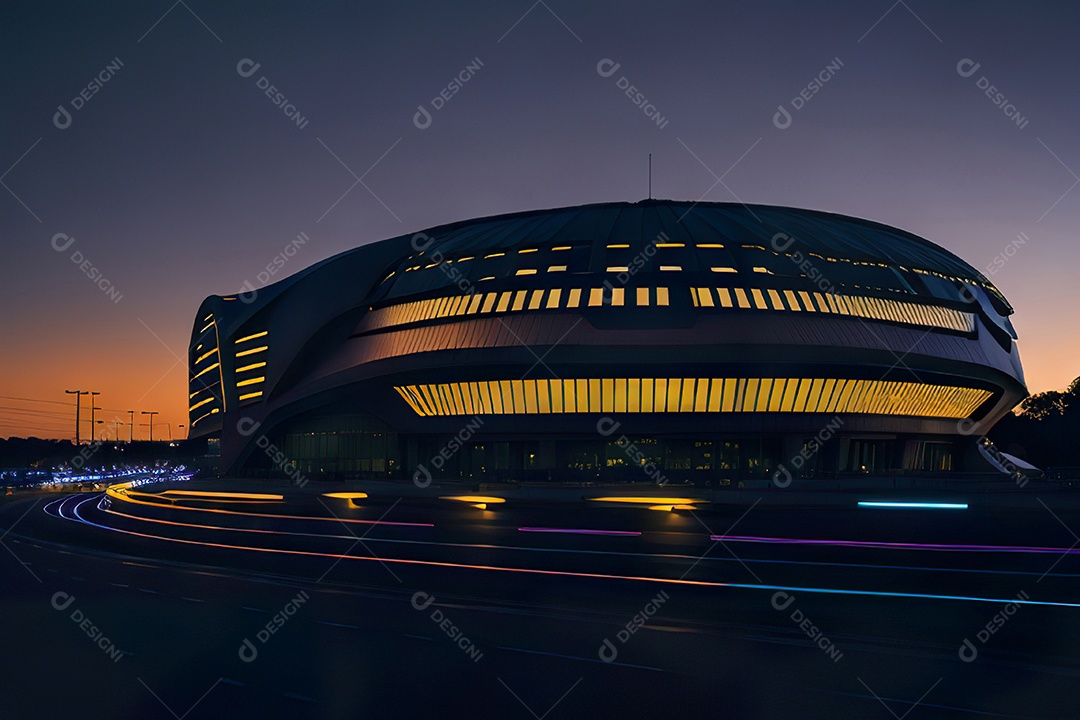 Imagem realista de estádio futurista.