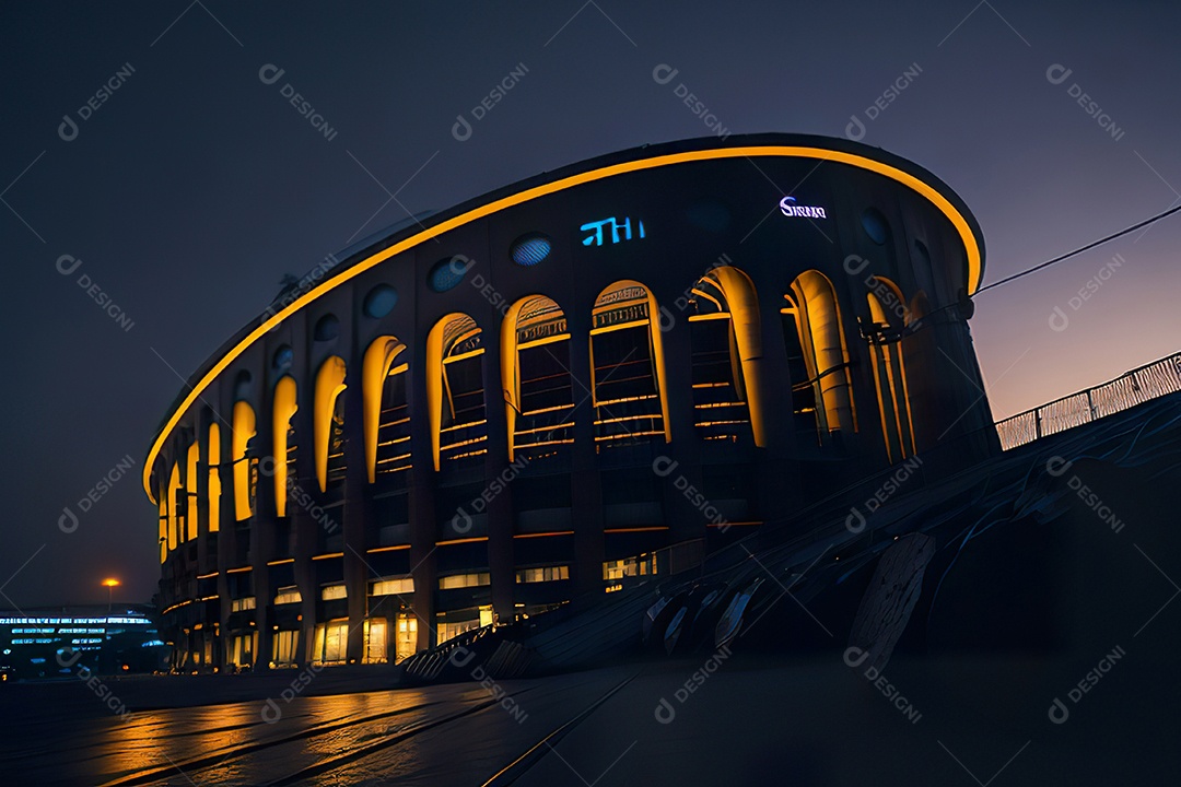 Imagem realista de estádio futurista.