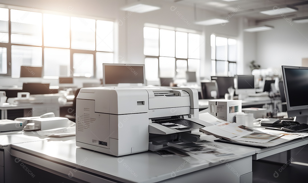 Sala de trabalho com mesas e impressoras