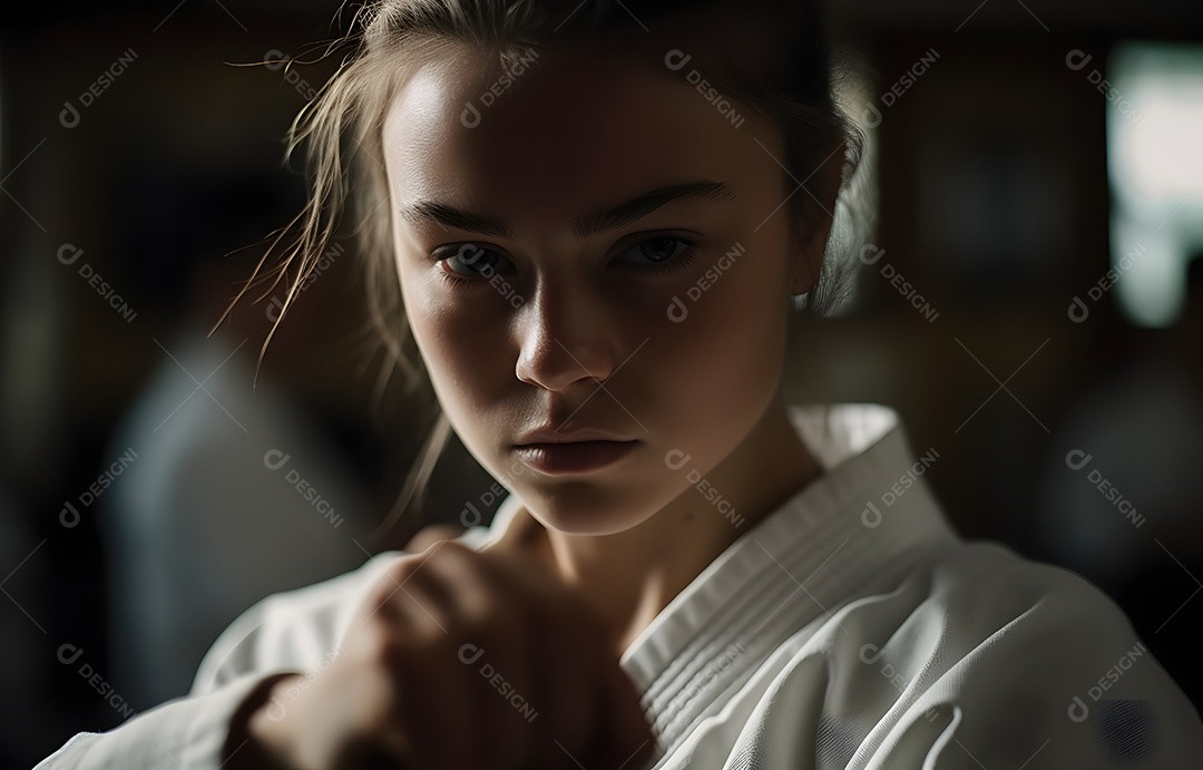 Mulher com roupa de karatê