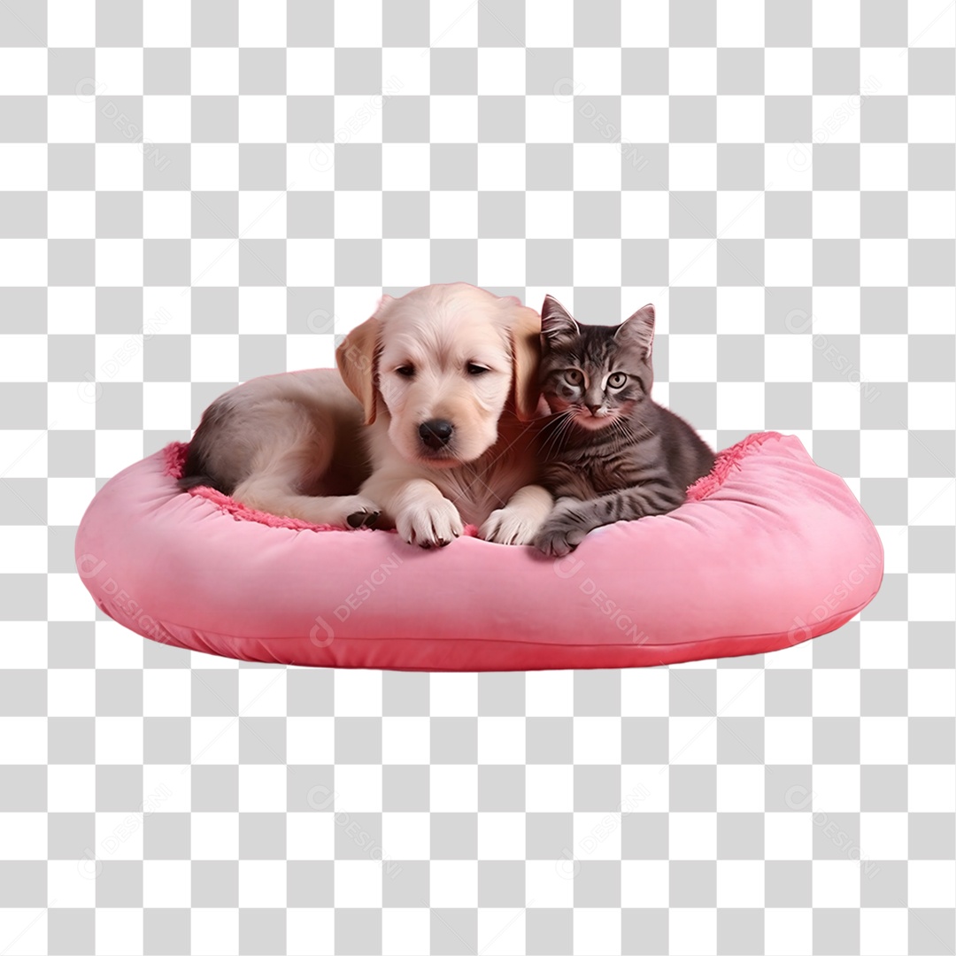 Cachorro e Gato Deitados em Almofada  PNG Transparente