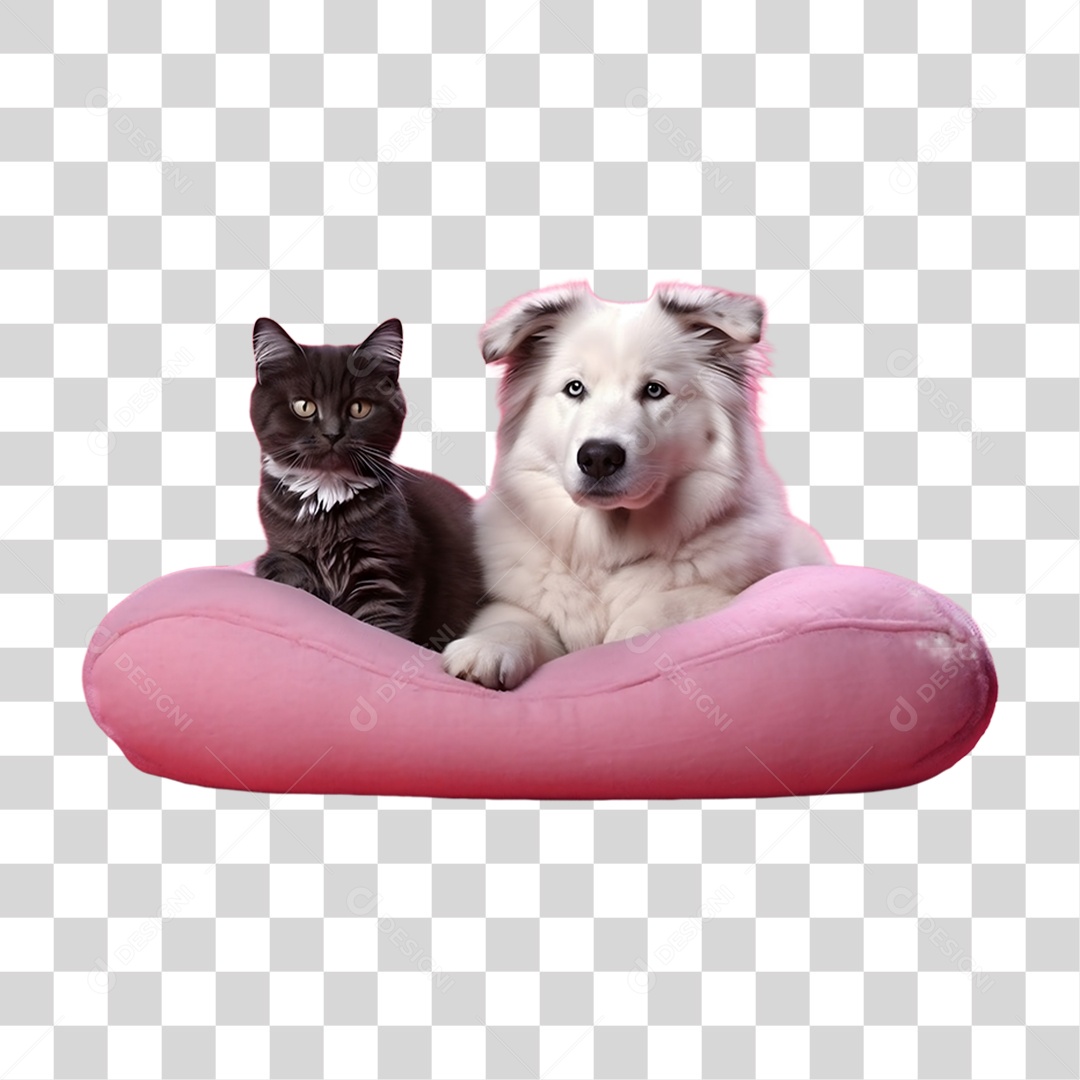 Cachorro e Gato Deitados em Almofada  PNG Transparente