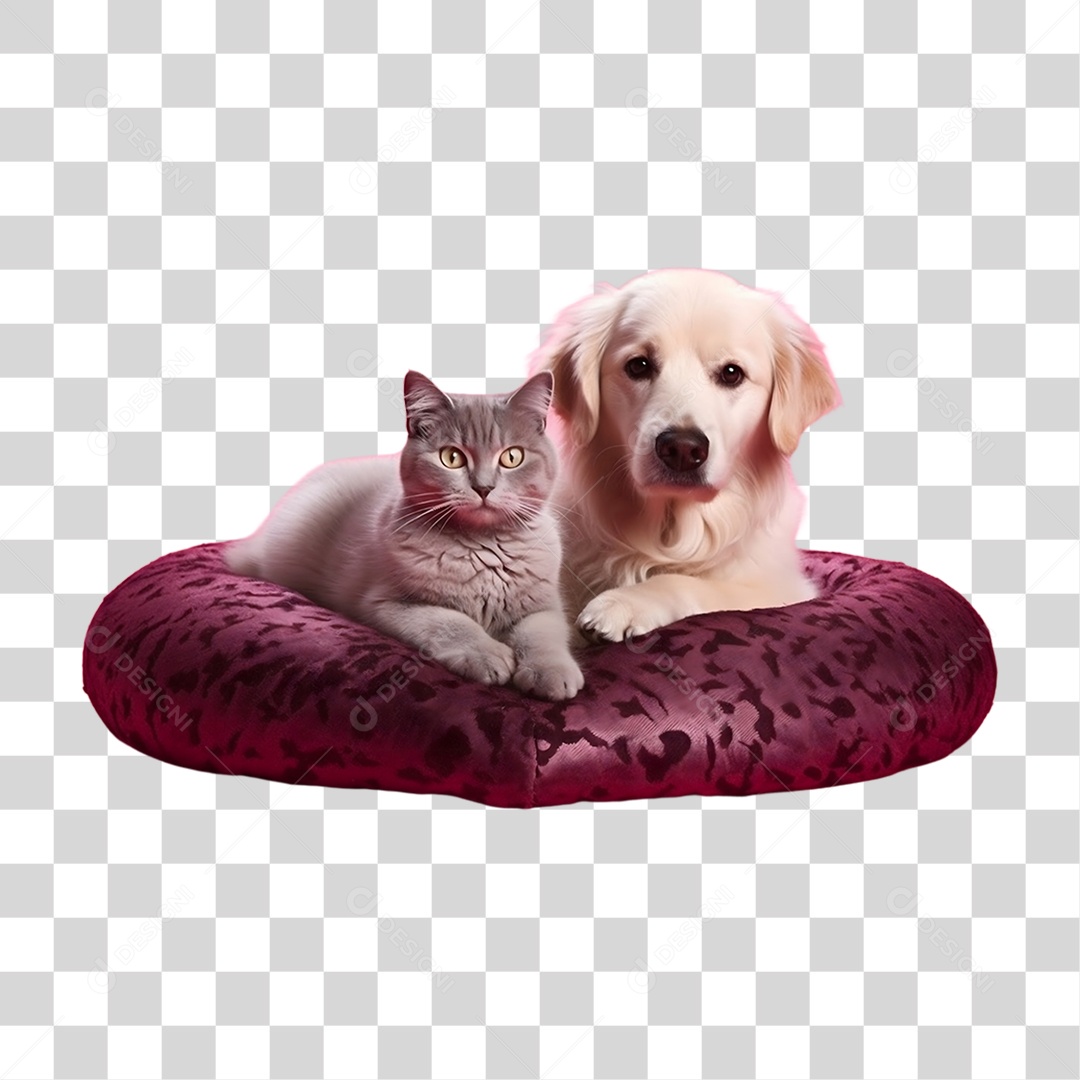 Cachorro e Gato Deitados em Almofada  PNG Transparente