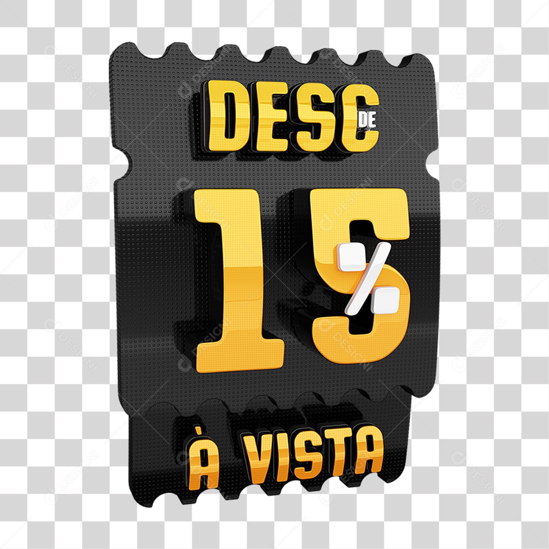 Selo 3D Tag De Desconto 15% Dourado e Preto para Composição PNG Transparente
