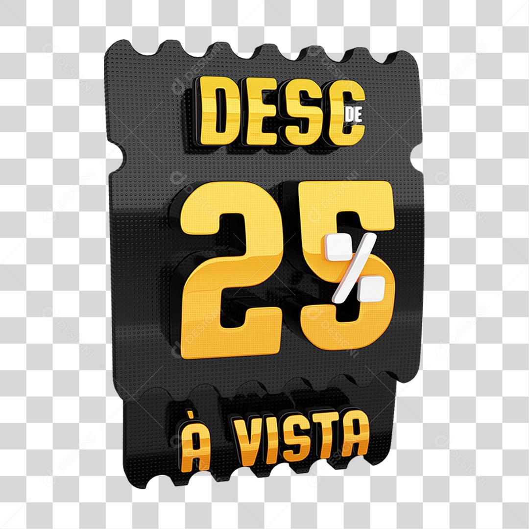 Selo 3D Tag De Desconto 25% Dourado e Preto para Composição PNG Transparente