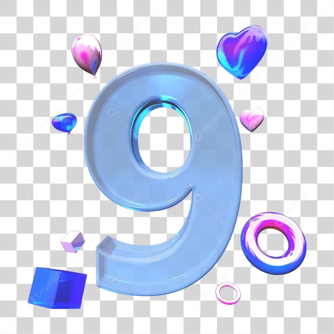 Elemento 3D Número 9 com Enfeites PNG Transparente