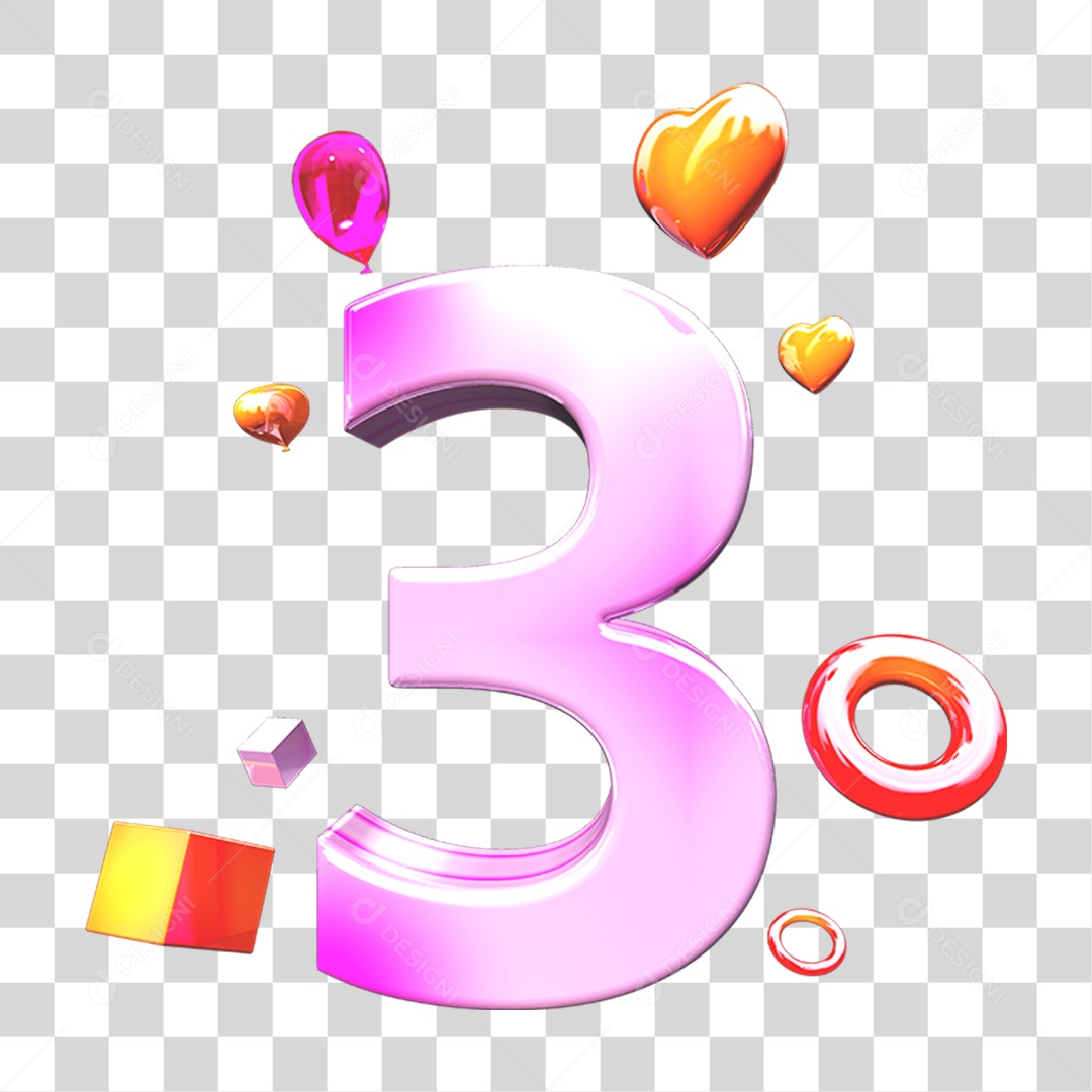 Elemento 3D Número 3 com Enfeites PNG Transparente
