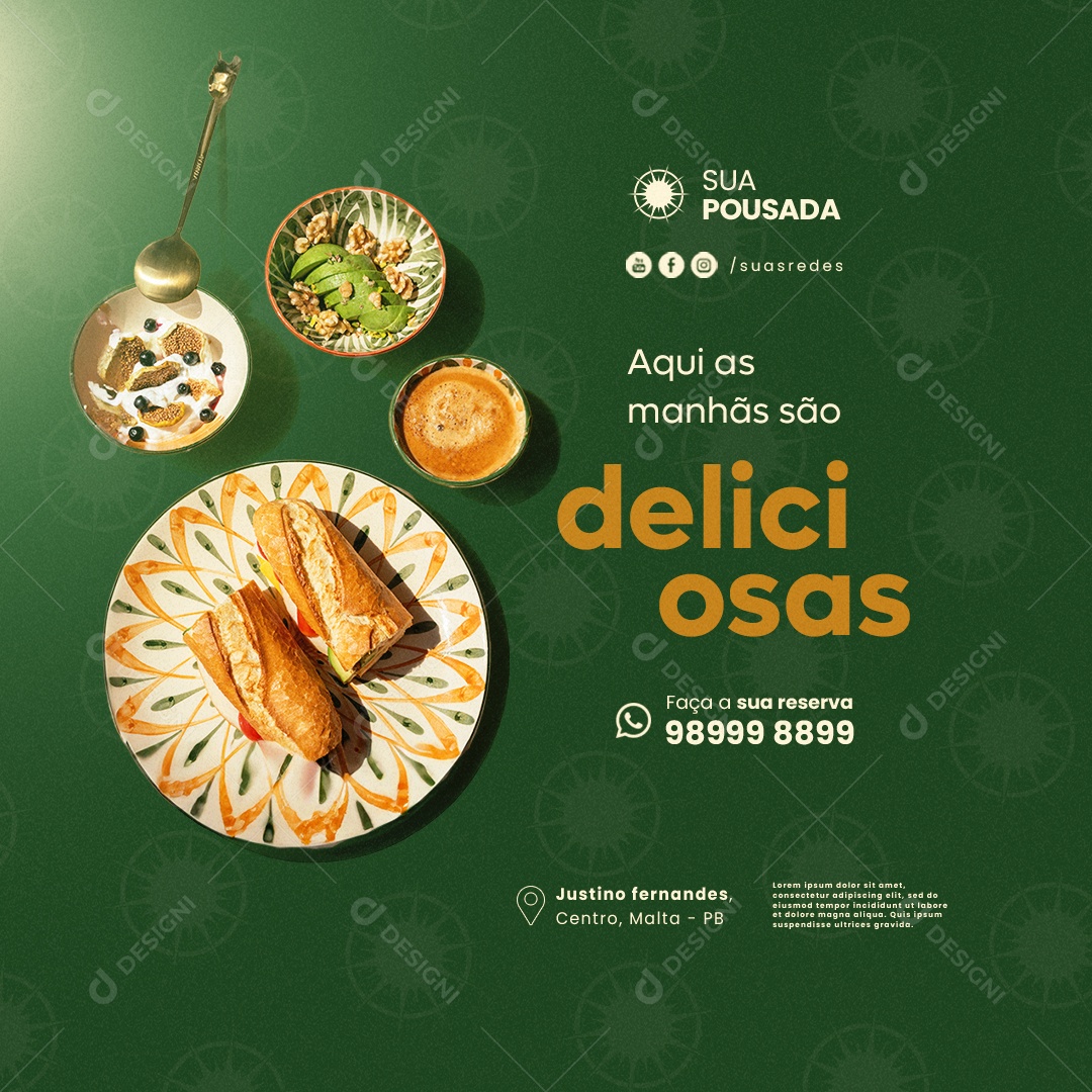 Pousada Aqui as Manhãs são Deliciosas Social Media PSD Editável