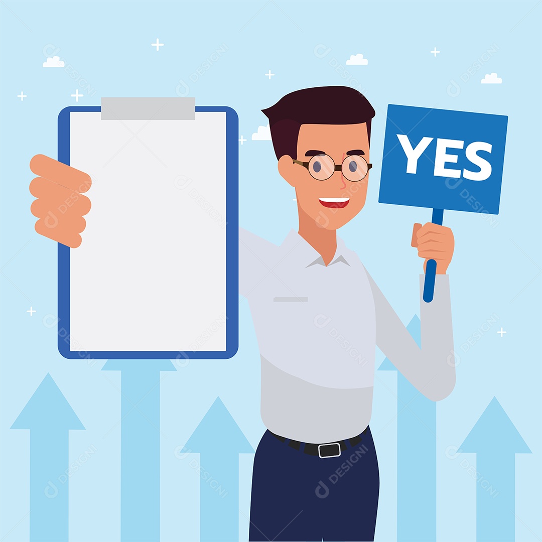 Jovem de Negócio Segurando Placa Yes e Lista de Tarefa Vetor EPS