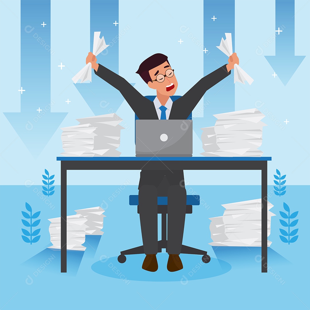 Jovem de Negócio Sentado Trabalhando e Mesa Cheia de Documentos Vetor EPS