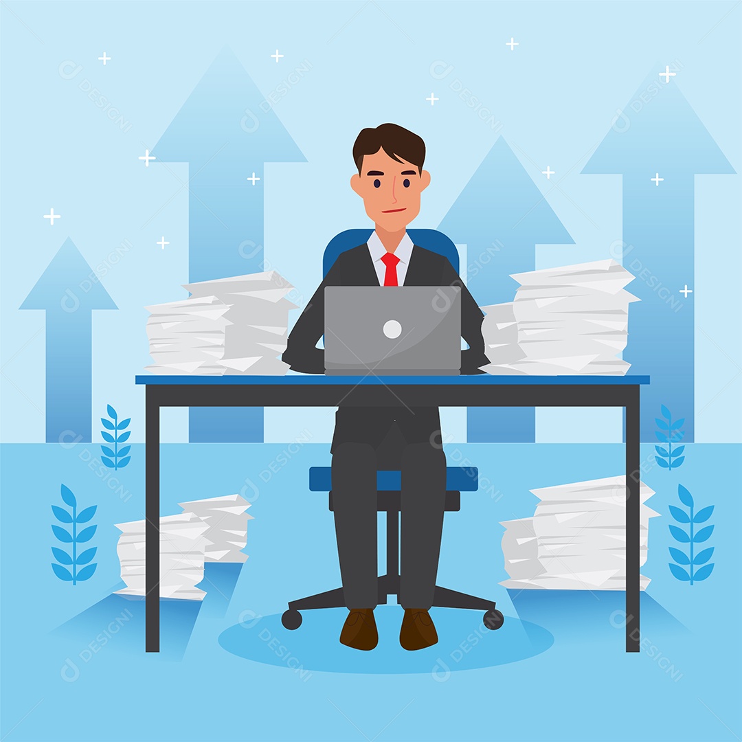 Jovem de Negócio Sentado Trabalhando e Mesa Cheia de Documentos Vetor EPS