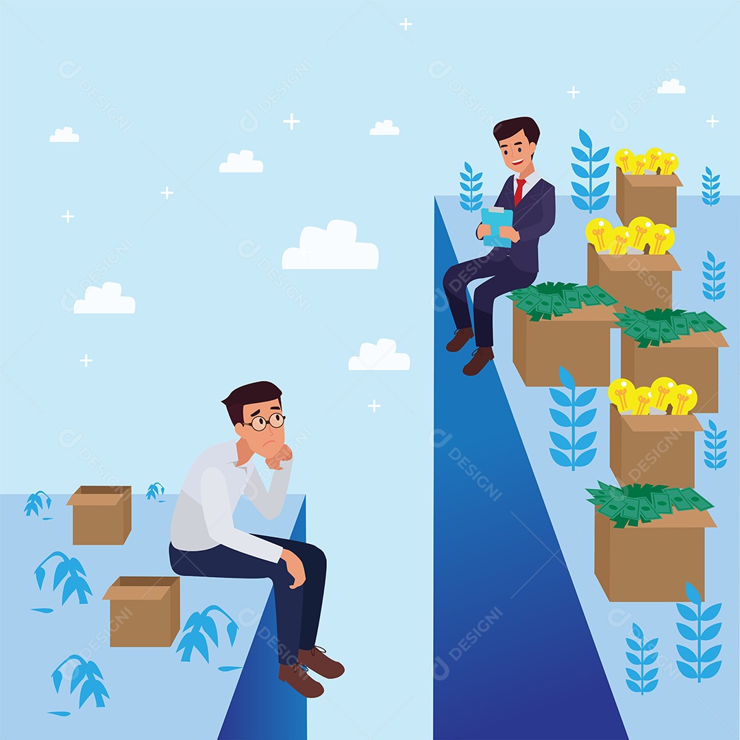 Jovem de Negócio Sentado Pensando e Olhando para Várias Caixa de Ideia e Dinheiro Vetor EPS