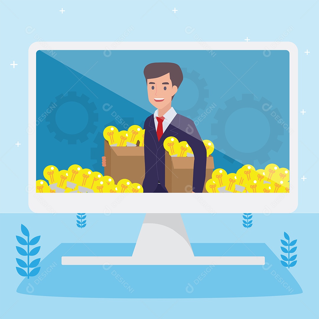 Jovem de Negócio Segurando Caixa com Varias ideias ao redor Vetor EPS