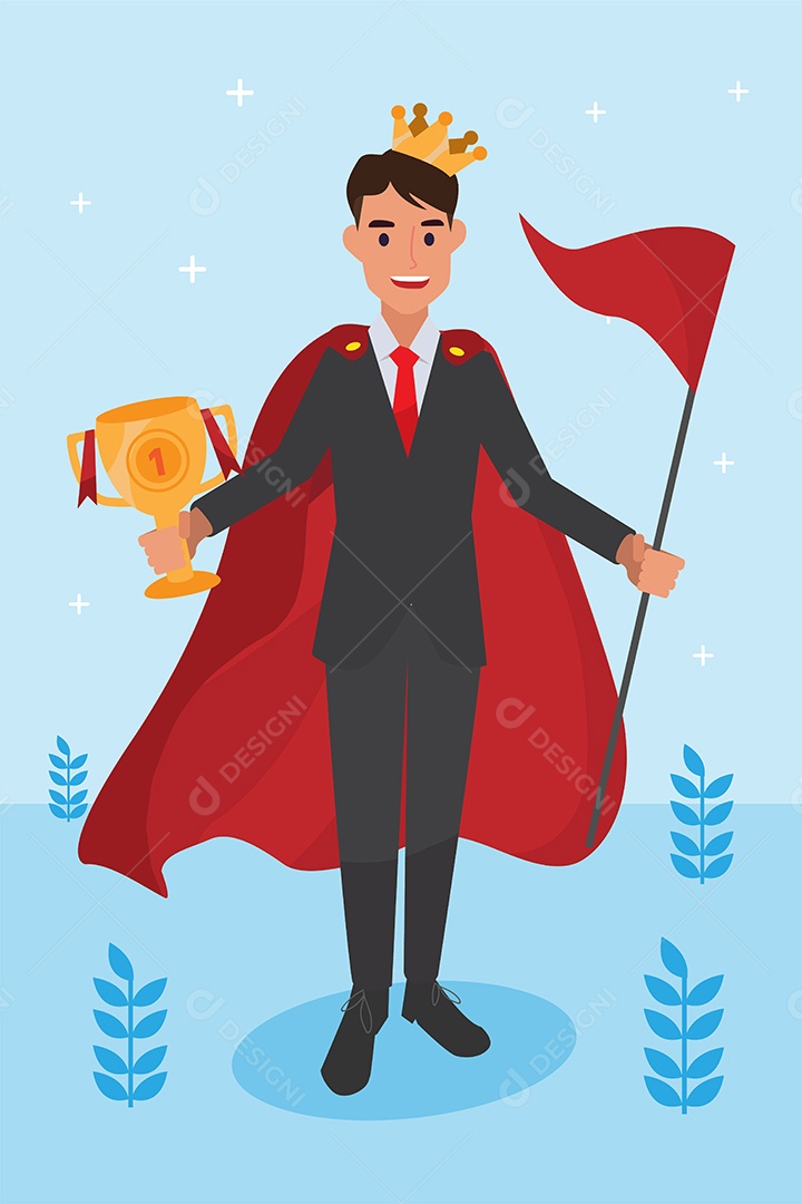 Homem Jovem de Negócio Sorrindo Com Troféu e Bandeira na Mão Vetor EPS