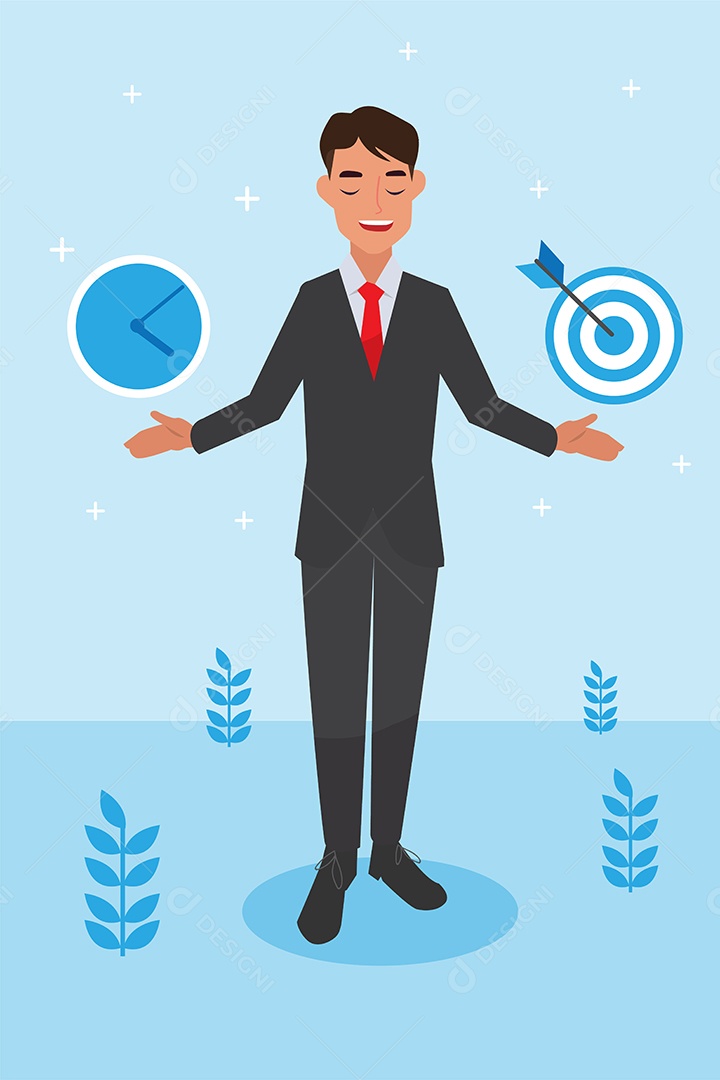 Homem Jovem de Negócio Sorrindo com Relógio e Alvo Flutuando nas Mãos Vetor EPS