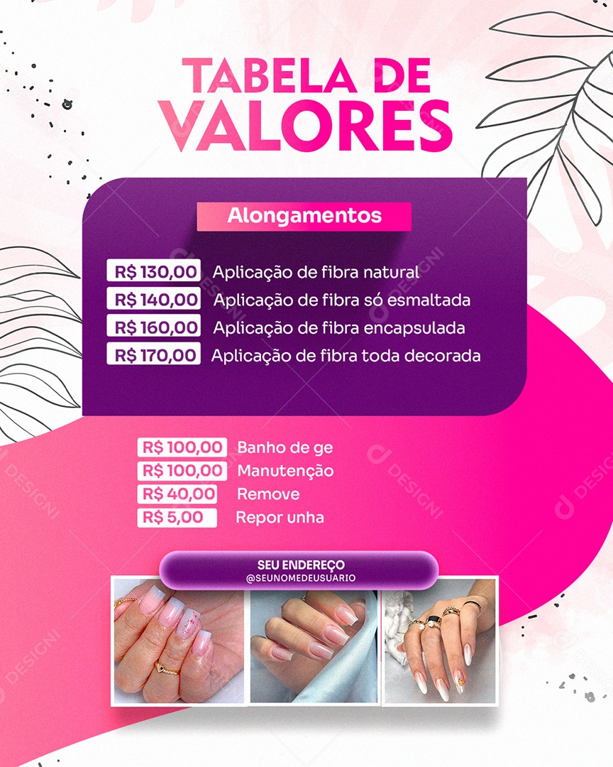 Tabela de Valores Manicure Pedicure Social Media PSD Editável