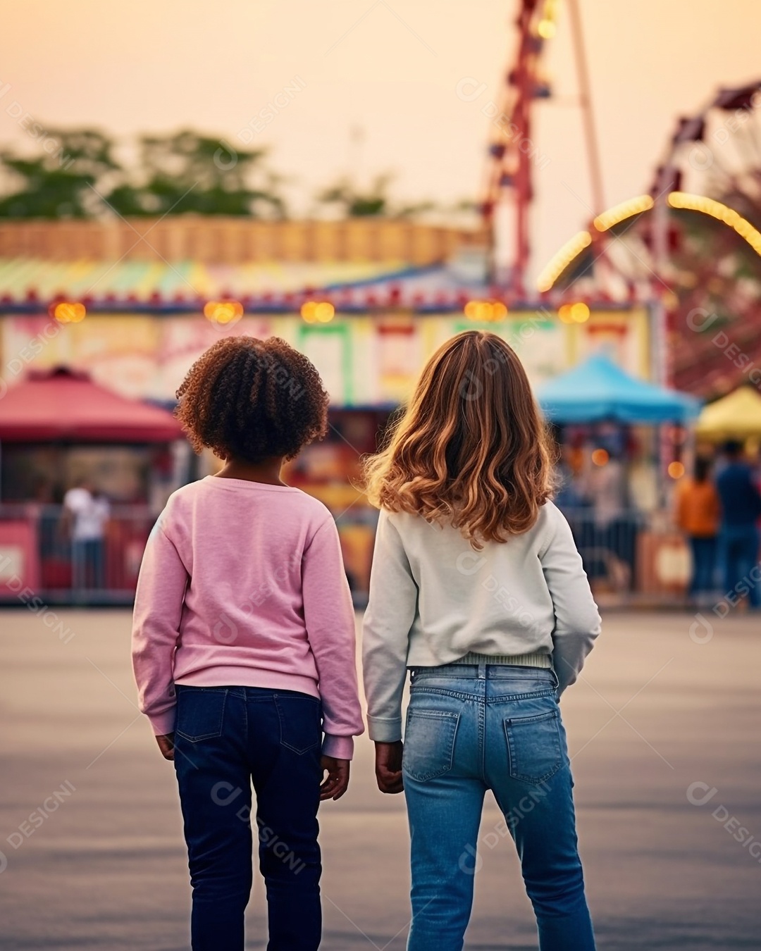 Duas garotas de costas para a câmera olhando para um parque de diversões.