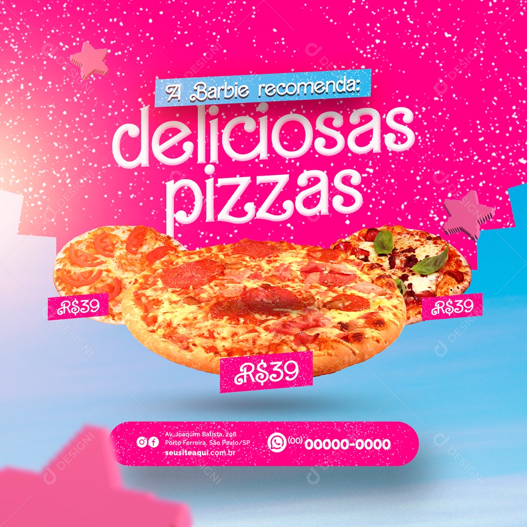 Pizzaria A Barbie Recomenda Deliciosas Pizzas Social Media PSD Editável