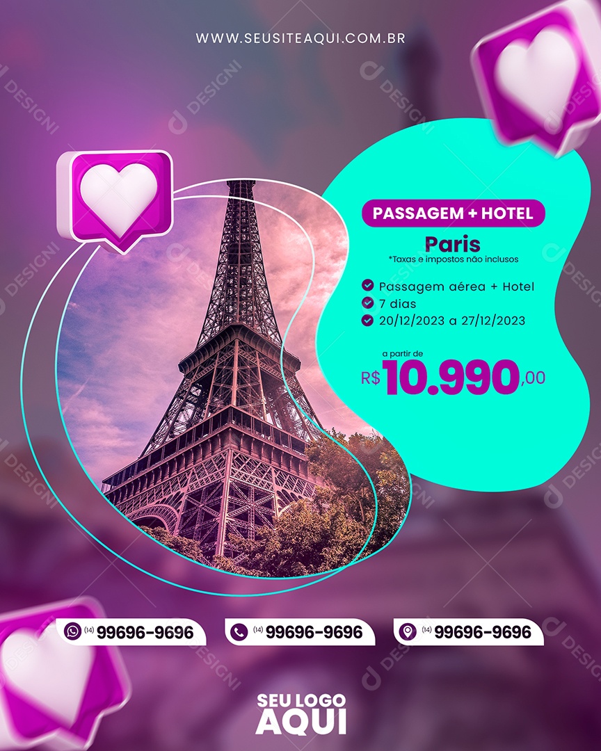 Social Media Passagem + Hotel Paris PSD Editável