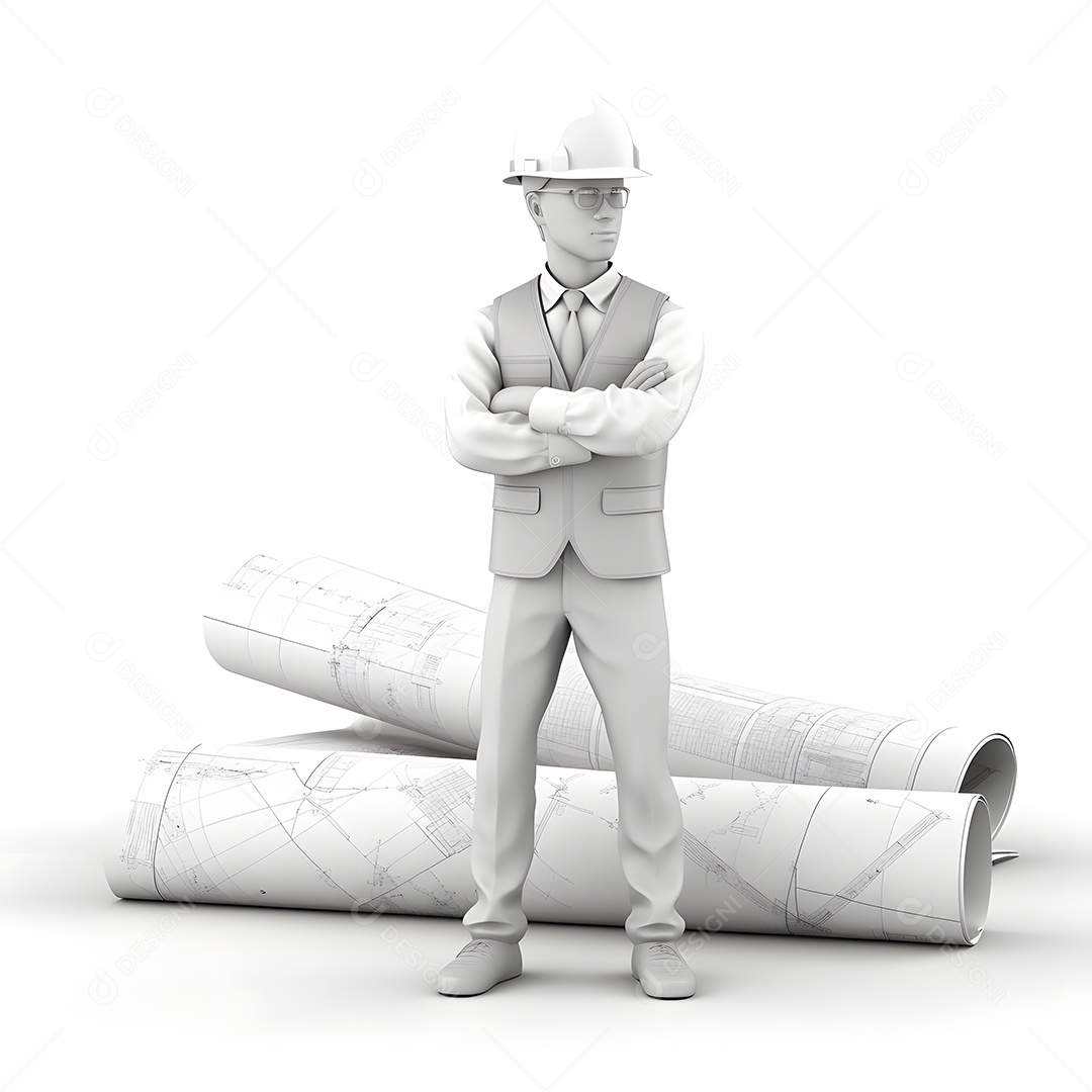 Ilustração de um homem arquiteto com projeto em fundo branco