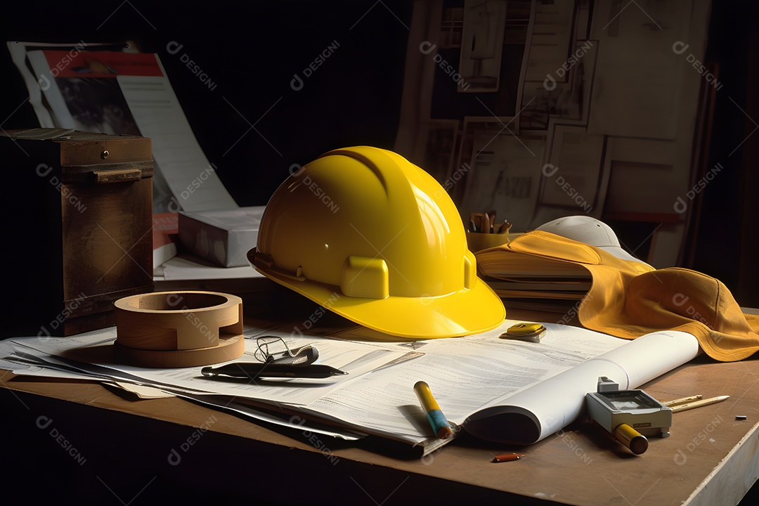 Capacete e folhas de projeto do arquiteto