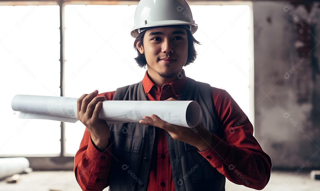 Homem arquiteto com capacete e projeto