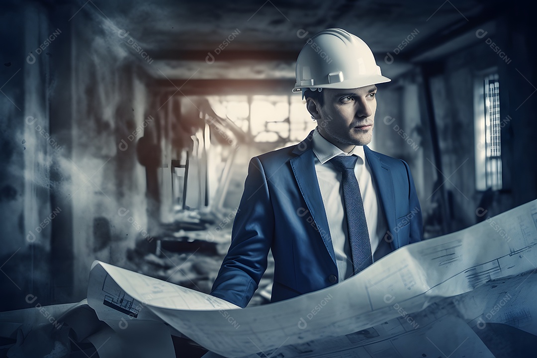 Homem arquiteto com capacete e projeto