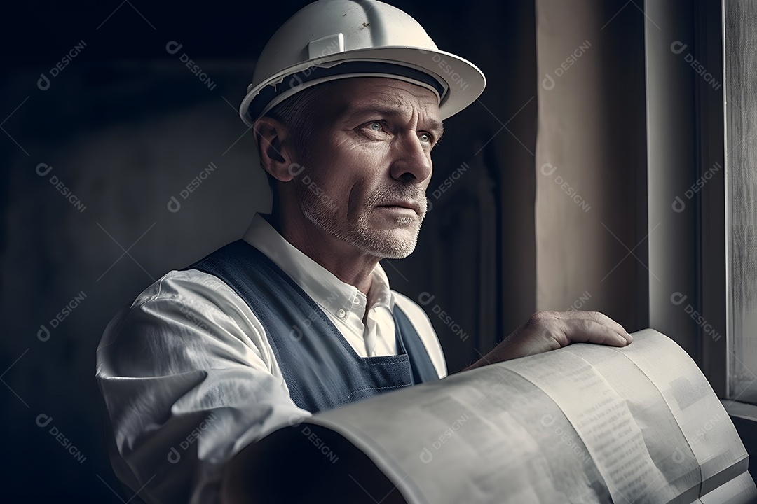 Homem arquiteto com capacete e projeto