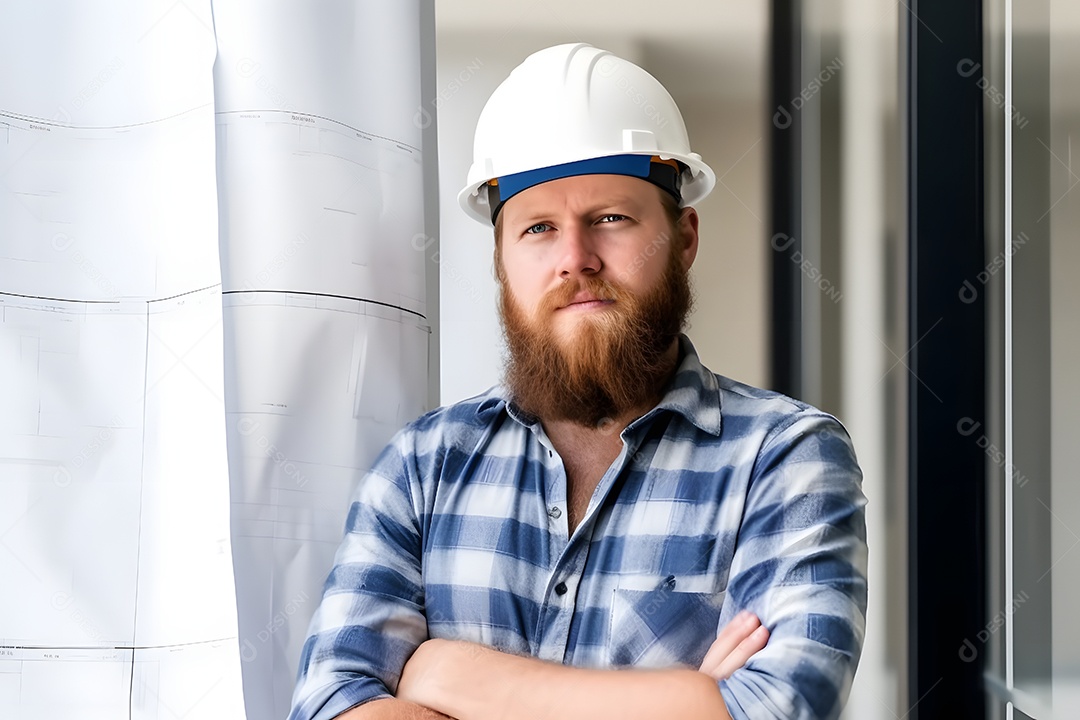 Homem arquiteto com capacete e projeto