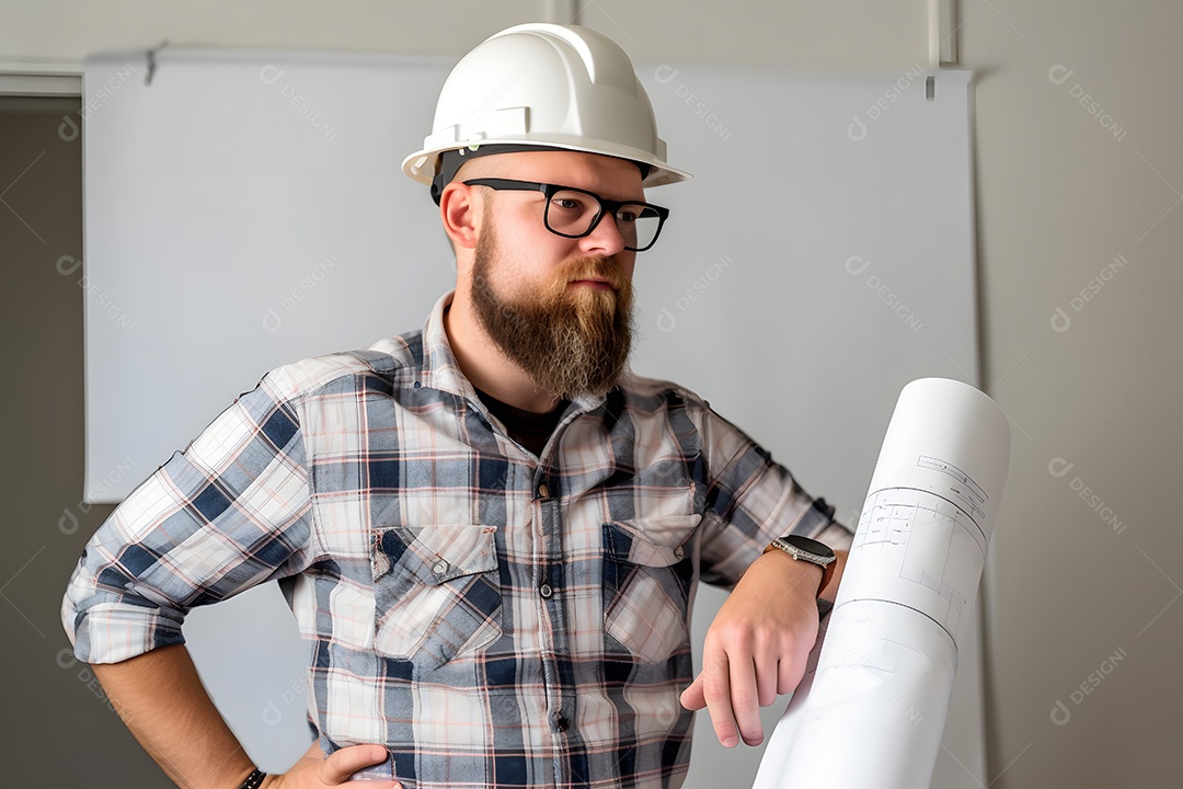 Homem arquiteto com capacete e projeto