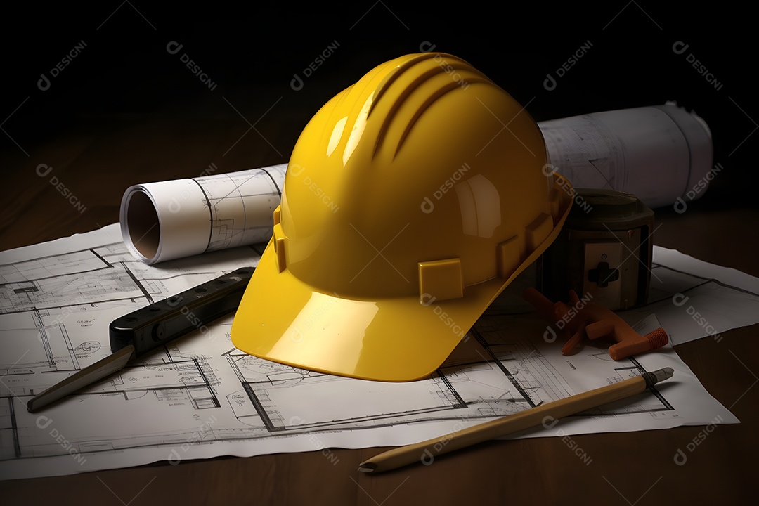 Capacete e folhas de projeto do arquiteto