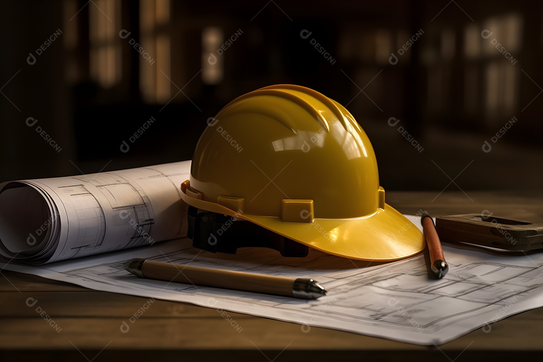 Capacete e folhas de projeto do arquiteto